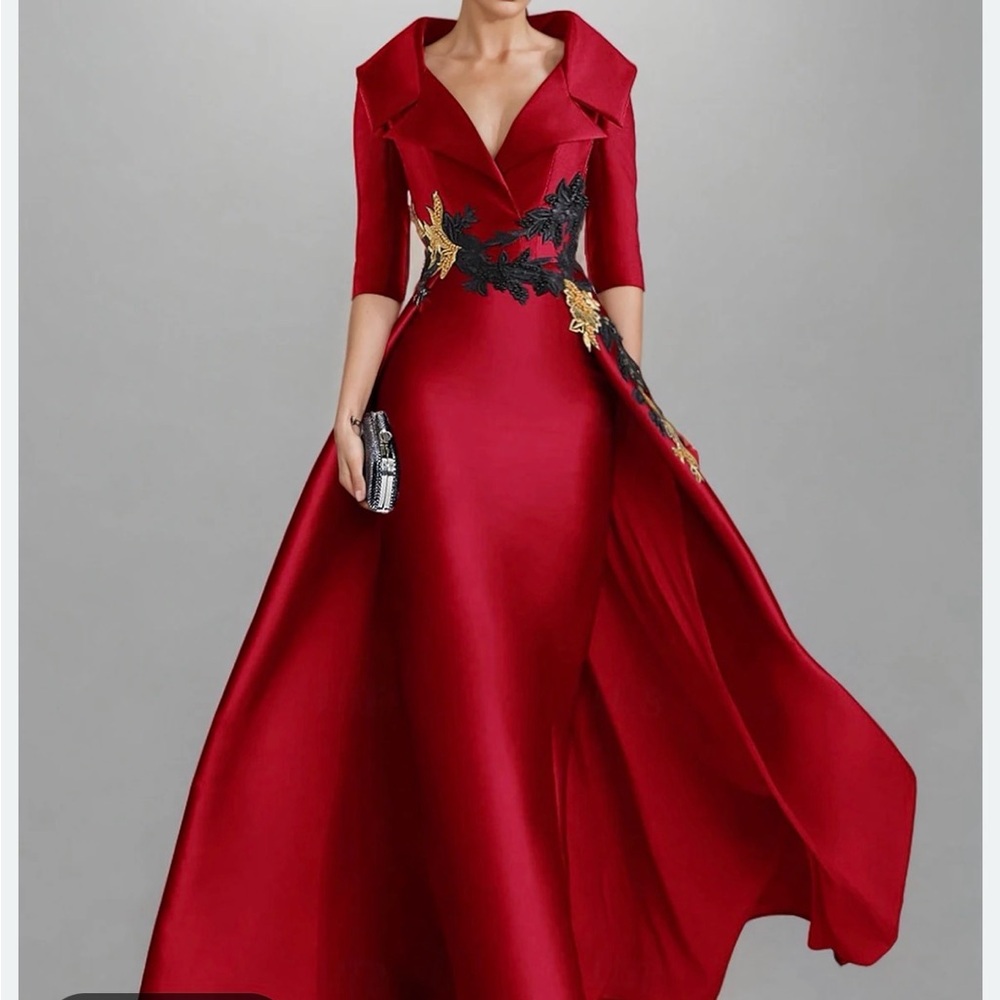 Red Satin Long-Sleeve Evening Dress with Appliqué Detail - Picture 1 of 15